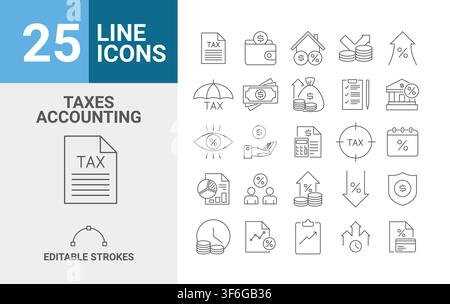 Collection of 25 tax and accounting line icons. Thin outline icons pack. Collection of 25 UI icons. Set of 25 line web pictograms. Stock Vector