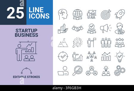 Set of 25 startup business icons with editable stroke. Stock Vector