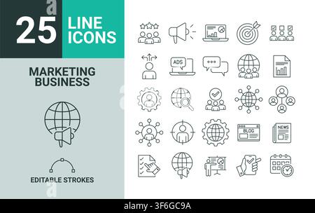 25 Marketing and Business Line Icons Set Editable Vector Stock Vector