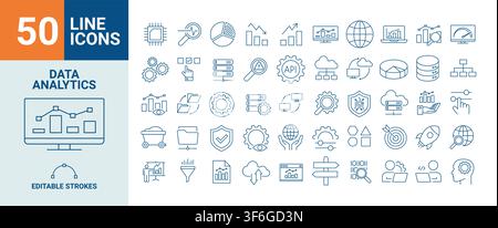 Data Analytics Line Editable Icons set. Database, statistics, server, monitoring, computing, network, big data, data processing, hosting, data mining Stock Vector