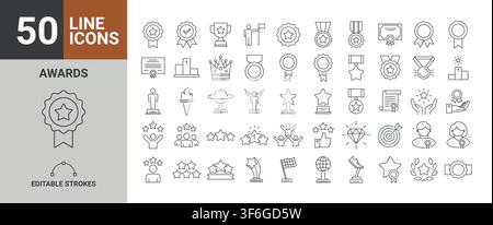 50 awards line editable icon set. award icon set containing badge, trophy, certificate, and more Stock Vector