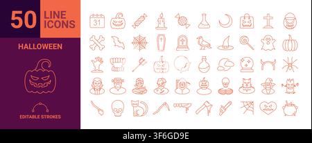 Set of 50 outline icons related to halloween. Linear icon collection. Editable stroke. Vector illustration. Stock Vector