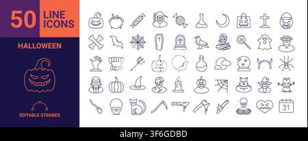Set of 50 outline icons related to halloween. Linear icon collection. Editable stroke. Vector illustration. Stock Vector