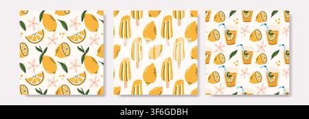 Set of three seamless patterns featuring lemons, lemonade glasses and popsicle ice cream in a cute hand-drawn doodle style. Perfect for summer textile Stock Vector