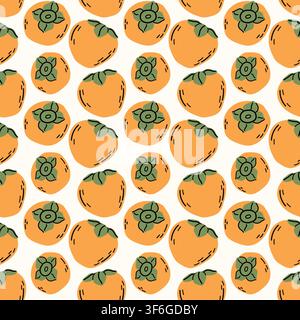 Seamless pattern featuring whole ripe orange persimmons with green leaves in a simple hand-drawn flat style. Perfect for autumn textiles, food packagi Stock Vector
