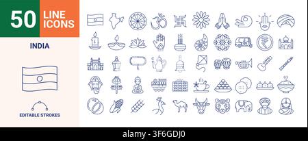 India Culture Icon Set with Traditional Symbols Food and Landmarks in Editable Stroke Vector Format Stock Vector