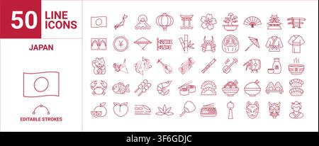 Japan line icons set. Japanese culture symbols collection with food, masks, traditions and national elements in editable stroke vector Stock Vector