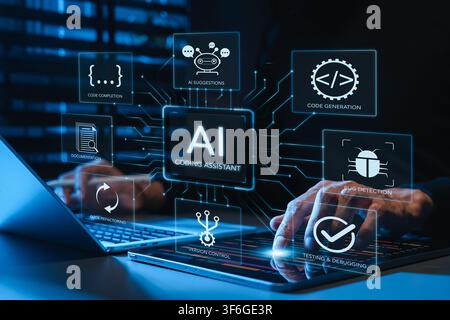 AI coding assistant helps software developers generate code, complete scripts, detect bugs, refactor programs, manage versions, and test applications Stock Photo