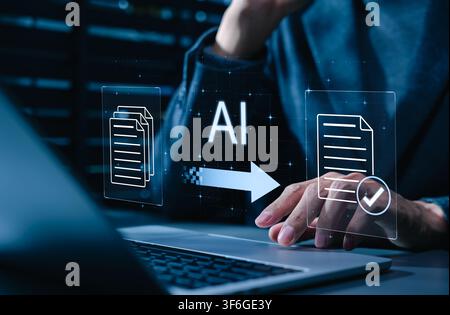 AI document processing concept. Businessman using laptop and file workflow, automated document review, text extraction, content validation, approval Stock Photo