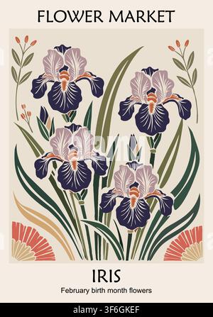 Vibrant iris blooms grace a vintage market poster Stock Vector