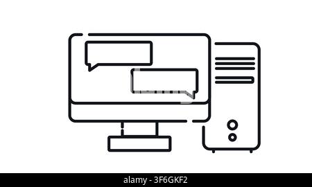 Desktop computer tower and monitor with speech bubbles chat symbol on screen vector icon. Black line art style on white background. Stock Vector