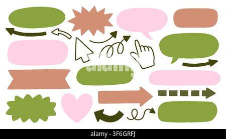 Vector set of blank speech bubbles, hand cursors, mouse pointers, heart shapes, and directional arrows for website UI design, blog graphics, and Stock Vector