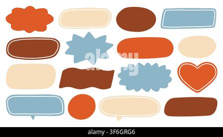 Minimalist hand-drawn blank speech bubbles, heart shapes, starbursts, and banners in warm terracotta, teal, and beige tones for blogging, web UI, and Stock Vector