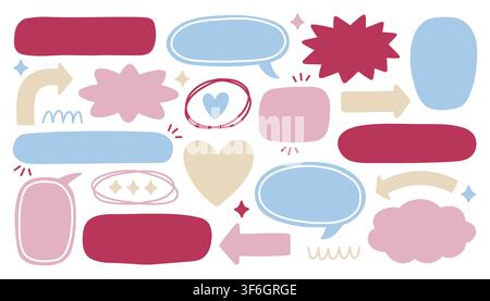 Hand-drawn blank callout bubbles, frame shapes, directional arrows, and heart icons for social media post templates, digital marketing banners Stock Vector