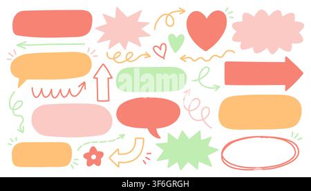 Hand-drawn blank speech bubbles, colorful arrows, stars, and hearts for social media posts, blog banners, video content, call to action templates Stock Vector