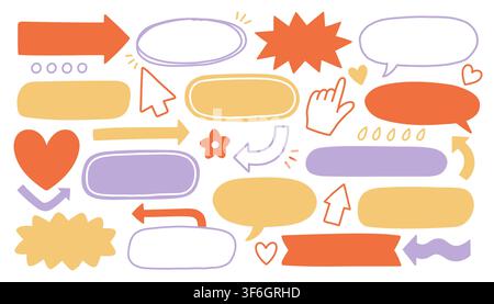 Vector set of blank speech bubbles, hand cursor pointers, directional arrows, and decorative hearts for video blog overlays, web design, and social Stock Vector