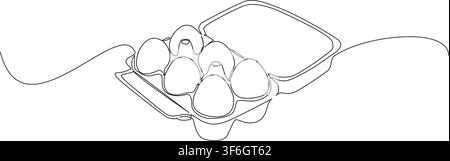continuous line drawing of six fresh eggs in open cardboard egg carton, half-dozen farm eggs, modern minimalist line art vector illustration Stock Vector