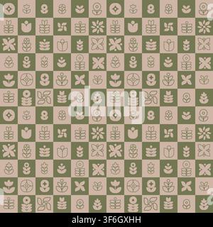 Ornate floral geometric seamless pattern. Retro styled abstract tiles with mid century flowers. Modern blocks, mosaic. Vintage aesthetic Stock Vector