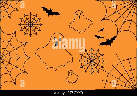 Big set of silhouettes of Halloween on a orange background. Vector illustration. Stock Vector