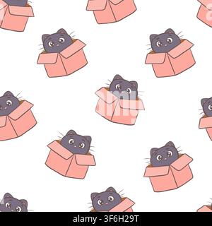 Vector seamless pattern with black kittens in boxes Stock Vector