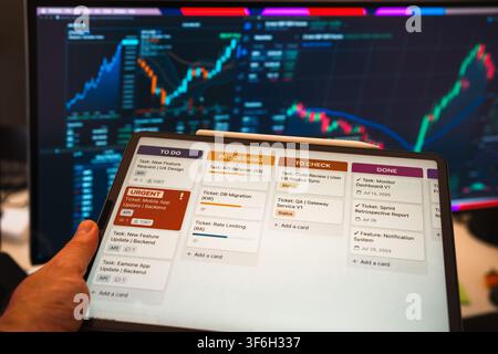 Agile Task Management Board Screen Digital Tablet Office Desk Setup. Close up view of hand holding tablet device displaying agile project management b Stock Photo