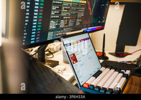 Digital Tablet Task Management Workspace Stock Market Monitor Screen. Close up view of a digital tablet showing a task management software user interf Stock Photo