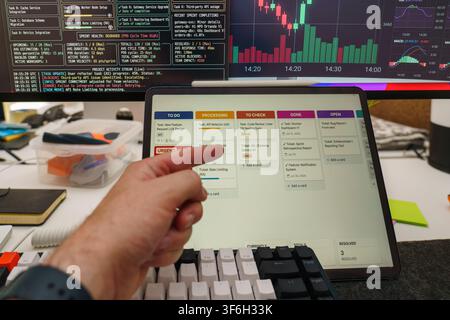 Agile Software Engineer Development Workspace Task Management Board Tablet Screen. Close up view of a hand pointing at a digital tablet screen display Stock Photo
