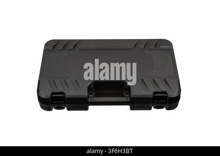 Black plastic hard case for tools, equipment, or weapon storage isolated on white background. Stock Photo