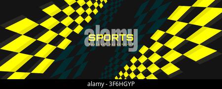 Black wide sport background with dark green and yellow checkered flag. Modern abstract sporty banner with checkerboard and racing stripe. Vector Stock Vector
