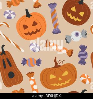 Halloween seamless pattern with trick-or-treat sweets, candies, candy cane and Jack-o-lantern pumpkin for seasonal packaging Stock Vector