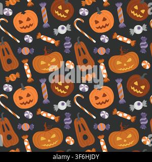 Halloween seamless background with trick-or-treat sweets, candies, candy cane and Jack-o-lantern pumpkin for seasonal packaging Stock Vector