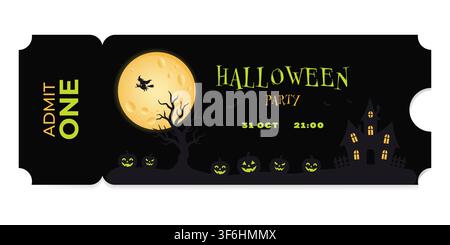 Halloween party ticket with admission information. Invitation to scary event with moon, witch on broom, jack-o-lantern, haunted house and silhouette t Stock Vector