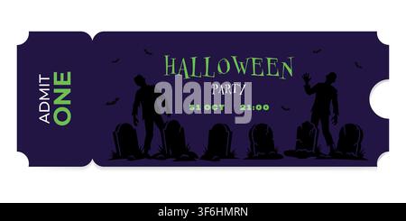 Halloween party ticket with silhouette of zombie in graveyard. Creative invitation card design for October celebration. Admit one pass. Stock Vector