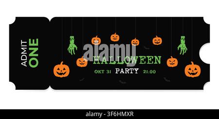 Halloween party ticket with hanging pumpkins and zombie hand. Template for entry to festive event on October 31. Invitation graphic. Stock Vector