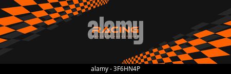 Black and orange wide sport banner. Modern abstract background with diagonal checkerboard flag for racing poster design and sports event. Vector Stock Vector