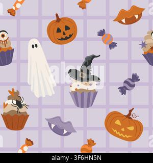 Halloween seamless pattern with trick-or-treat sweet, ghost, cupcakes, vampire lips and Jack-o-lantern pumpkin for packaging Stock Vector