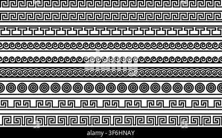 Greek ornament. Vector set of 9 Greek style geometric seamless frames isolated on white background Stock Vector