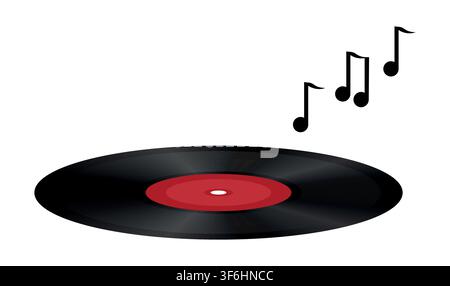 Vector realistic illustration of vinyl record with red label on a white background with music signs. Stock Vector
