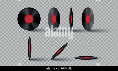 Vector realistic illustration of vinyl records with red label on a transparent background. Stock Vector