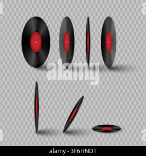 Vector realistic illustration of vinyl records with red label on a transparent background. Stock Vector