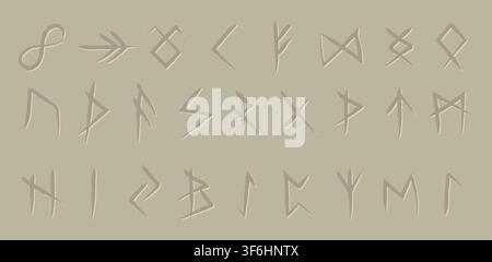 Set of Illustrated Line Art Nordic Runes. Collection of Onyx Carved Nordic Runes Stock Vector