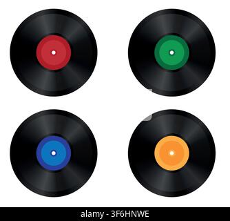 Vector realistic illustration of vinyl records with red label on a white background. Stock Vector