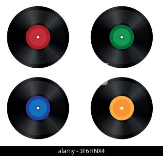Vector realistic illustration of vinyl records with red label on a white background. Stock Vector