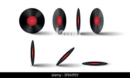 Vector realistic illustration of vinyl records with red label on a white background. Stock Vector