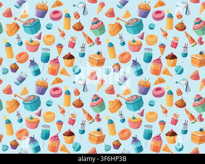 Confectionery seamless pattern in cartoon style. Cupcakes, croissants, donuts, candies, lollipops and other sweets Stock Vector
