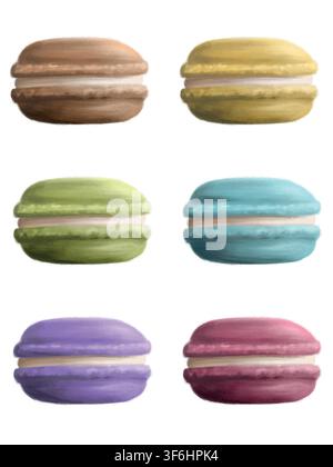 Colorful hand drawing macaroons set Vector realistic. 3d detailed illustrations. Restaurant and bakery cafe pastry, baker shop, bread, sweets Stock Vector
