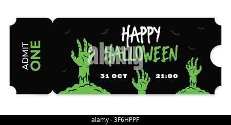 Halloween party admission ticket with green zombie hand reaching from grave. Decorative invitation card for October 31 event. Spooky graphic design Stock Vector