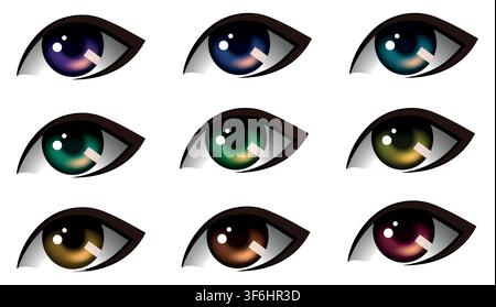 Set of different color realistic eyes collection in cartoon style Stock Vector