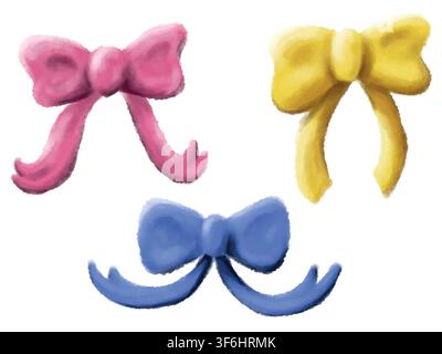 Set of Hand Drawn Pink, Yellow, Blue gift bow in watercolor cartoon style isolated on white background. Decorative bow elements vector illustration Stock Vector