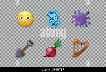 Emoticons. New iPhone iOS 18 emoji set on transparent background. Sad disappointed emoji, fingerprint, purple spot, shovel, beet, harp. Stock Vector